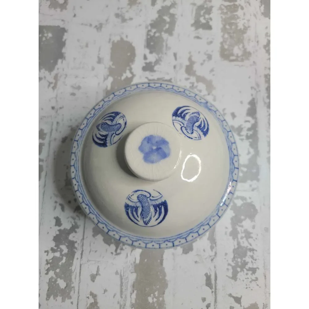 3500 Vintage Blue Heron‎ Chinese Porcelain Lidded Rice Bowl